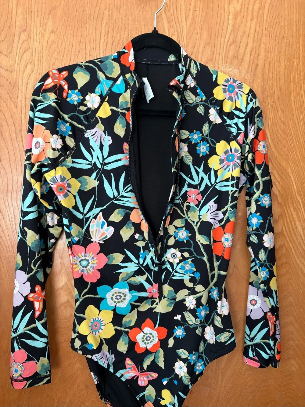 J. Crew Black Floral Long-Sleeve Rash guard One-Piece Swimsuit 8